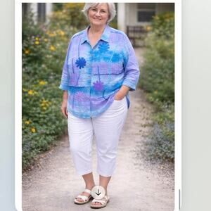 Indigo Moon Shirt Button Front Blue Ombré Purple Ribbon 2X NEW QVC